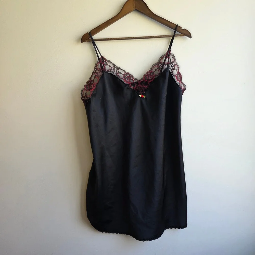 Vintage Black Satin Lace Chemise Nightgown Red Floral Trim Goth Vampy Slip Dress